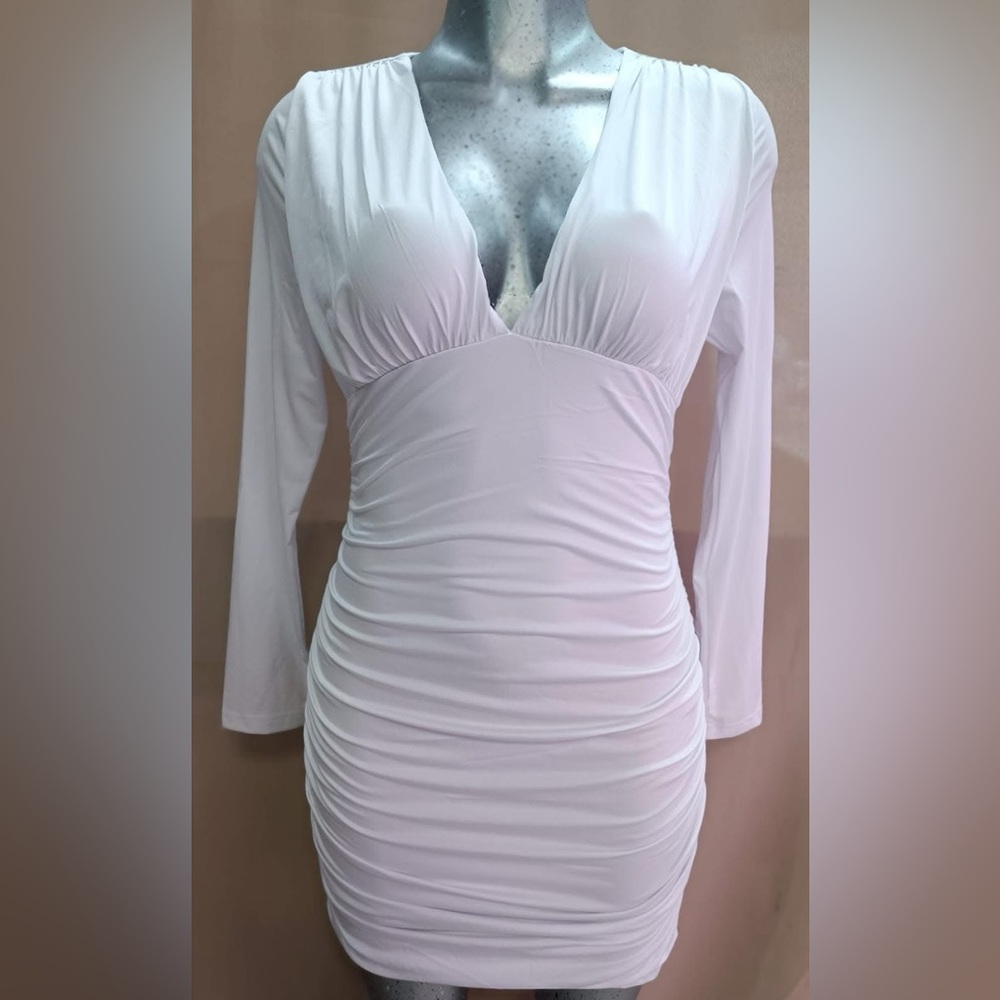 White long sleeve ruched top dress